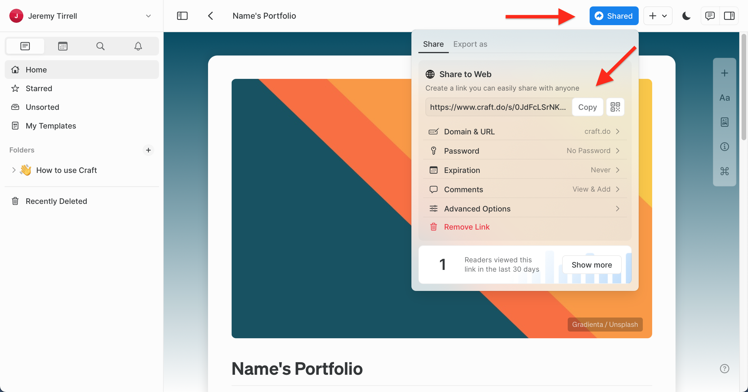 Getting the "Share to Web" URL for a Craft online portfolio